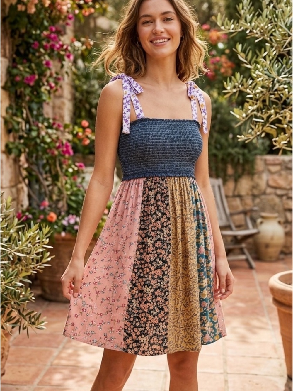 Young Threads Patchwork Floral Smocked Midi Dress - Size Small NWT 89.00